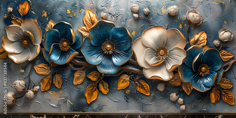 three panel wall art, marble background with golden and silver Teal Flower Plants designs, wall decoration