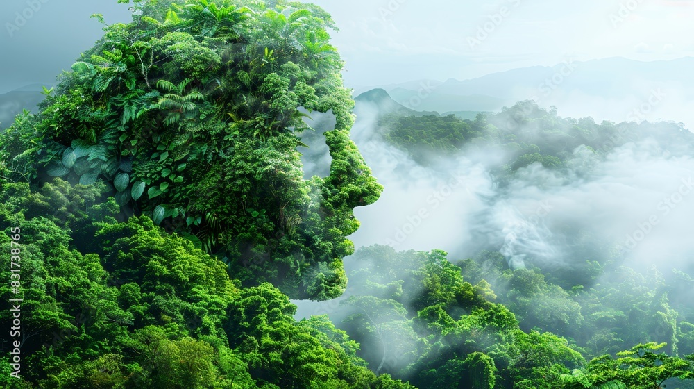Nature s fusion  woman s face blended with majestic mountains and lush forests in double exposure