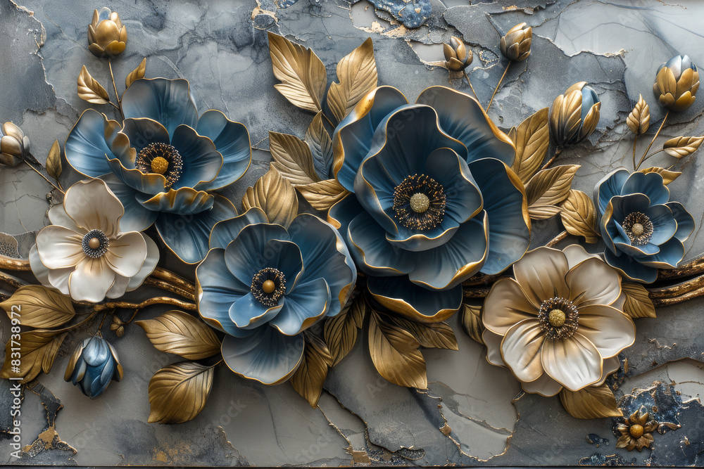 three panel wall art, marble background with golden and silver Teal Flower Plants designs, wall decoration three panel wall art, marble background with golden and silver Teal Flower Plants designs, wall decoration