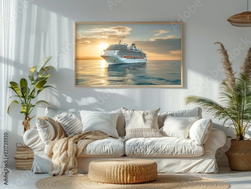 Luxury Cruise Ship Journey at Sunset: A Captivating View Framed in a Modern Home Interior photo