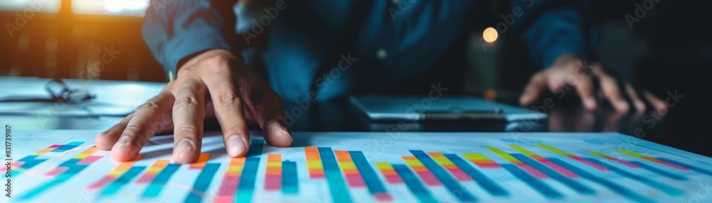 Close-up of hands on colorful financial charts. Business planning, analysis, and strategy meeting concept with blurred background. Close-up of hands on colorful financial charts. Business planning, analysis, and strategy meeting concept with blurred background.