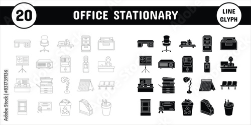 Office Stationary Line Glyph Vector Illustration Icon Sticker Set Design Materials
