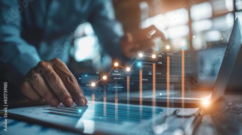 Close-up of hands analyzing business data on a digital tablet with growth chart overlay. Concept: financial analysis, technology, business growth.