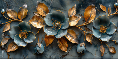 three panel wall art, marble background with golden and silver Teal Flower Plants designs, wall decoration #831739510