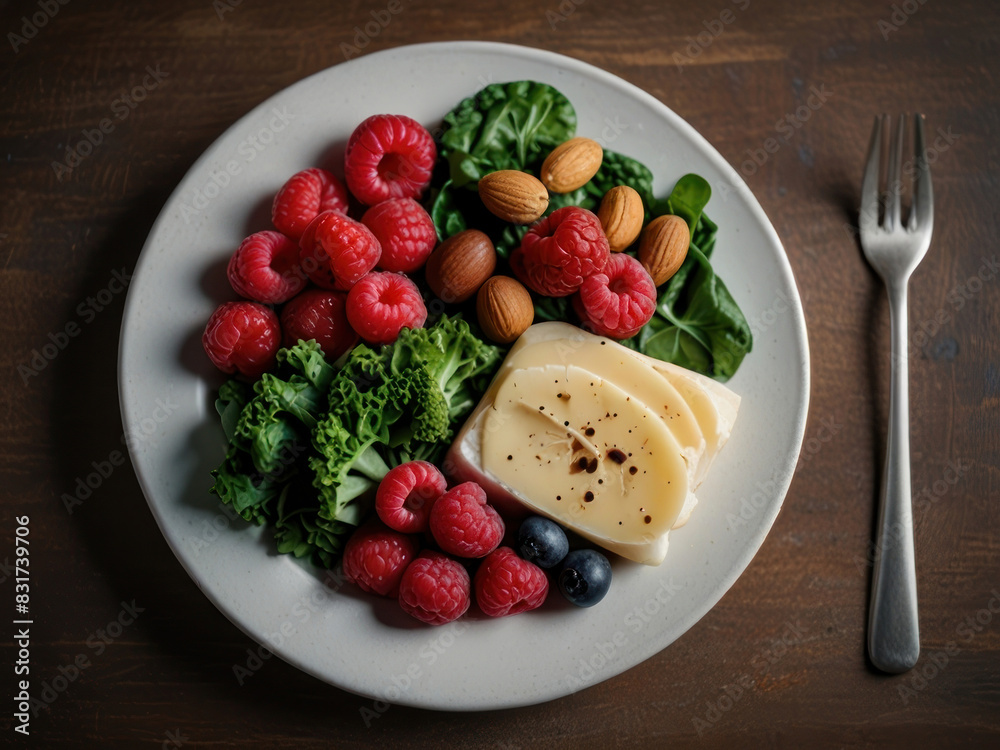 A plate filled with kidney-friendly foods, such as leafy greens, berries, fish, and nuts, highlighting the role of nutrition in maintaining kidney health. with Generative AI Technology A plate filled with kidney-friendly foods, such as leafy greens, berries, fish, and nuts, highlighting the role of nutrition in maintaining kidney health. with Generative AI Technology