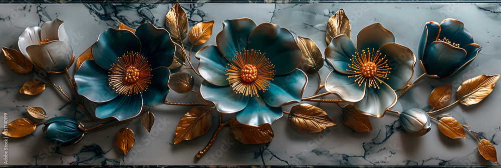 Fototapeta premium three panel wall art, marble background with golden and silver Teal Flower Plants designs, wall decoration