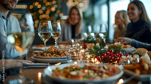 Photo realistic team managing minor crisis during holiday office lunch, highlighting celebration  safety balance. High resolution image in Stock Photo Concept. photo
