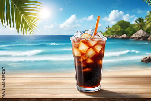 Iced americano with summer beach background  background illustration  wallpaper  posters and banner designs  ai