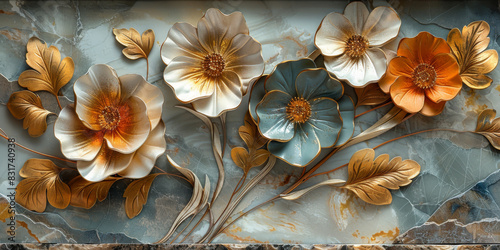 three panel wall art, marble background with golden and silver Teal Flower Plants designs, wall decoration