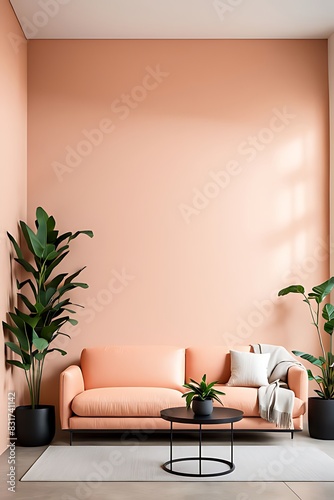  Livingroom with accent bright peach fuzz 2024 sofa and pale orange coral wall. Large sofa with cushions in velor fabric. Lounge area in the home. Mockup luxury design room and furniture. 3d render 