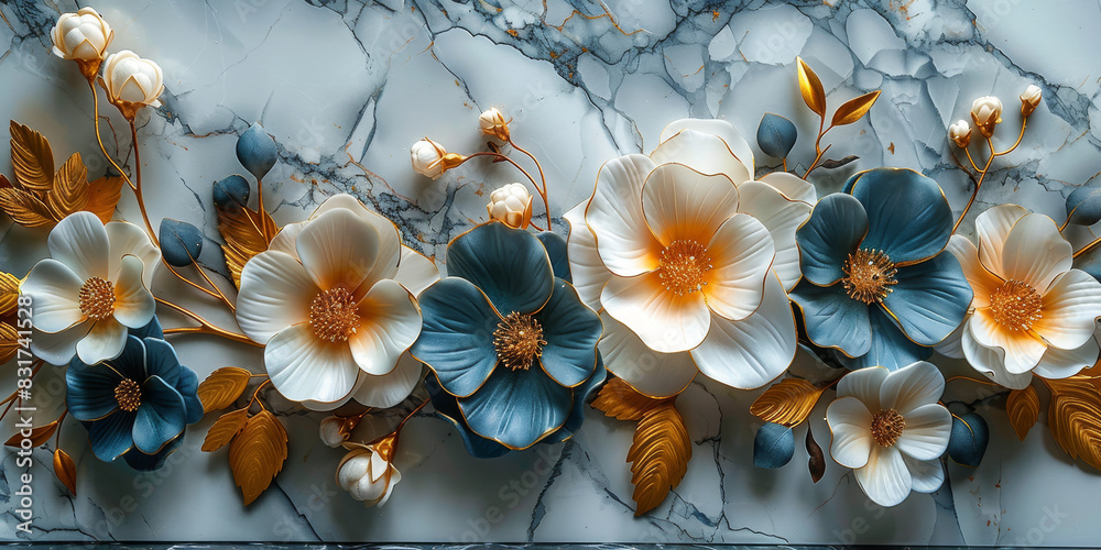 Fototapeta premium three panel wall art, marble background with golden and silver Teal Flower Plants designs, wall decoration