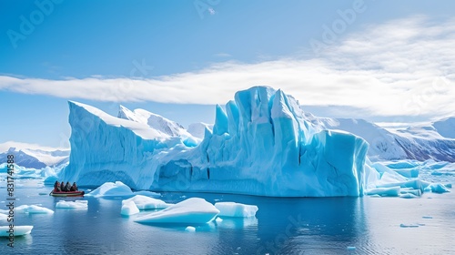 Colony of penguins huddled together on an iceberg with a blue sky and floating icebergs in the background photo