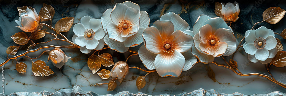 three panel wall art, marble background with golden and silver Teal Flower Plants designs, wall decoration three panel wall art, marble background with golden and silver Teal Flower Plants designs, wall decoration