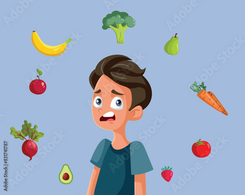 Confused teen Boy Thinking about Healthy Eating Vector Cartoon illustration. Unhappy teenager having picky eating caprice and no appetite for fruits and veggies 
