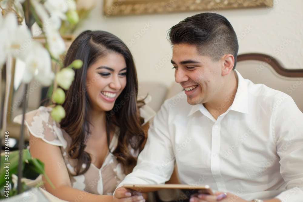 Young Hispanic Couple in Real Estate Office Exploring Property Listings on Tablet, Sharing a Joyful Moment Young Hispanic Couple in Real Estate Office Exploring Property Listings on Tablet, Sharing a Joyful Moment