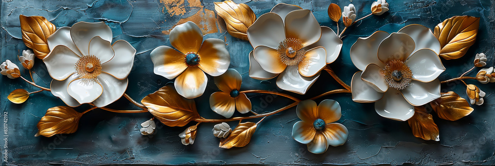 Fototapeta premium three panel wall art, marble background with golden and silver Teal Flower Plants designs, wall decoration