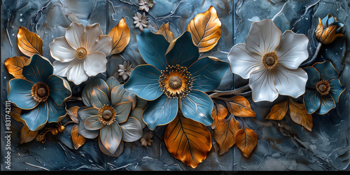 three panel wall art, marble background with golden and silver Teal Flower Plants designs, wall decoration