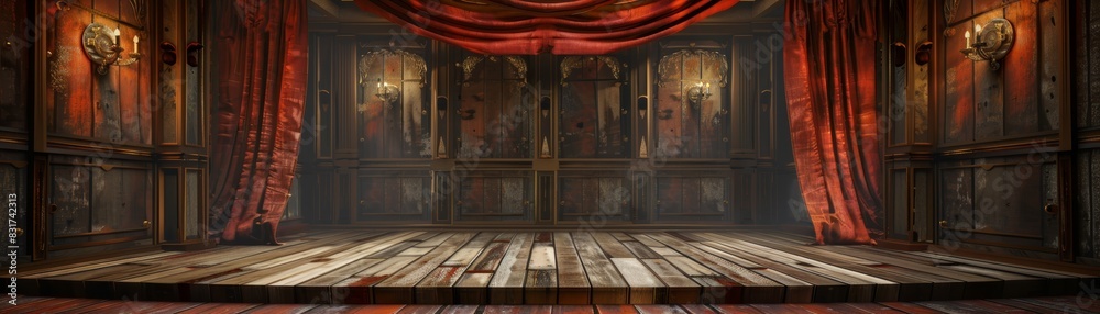 Fototapeta premium Vintage theater stage with red curtains, wooden floor, and classic backdrop, radiating an atmosphere of old-world elegance and drama.