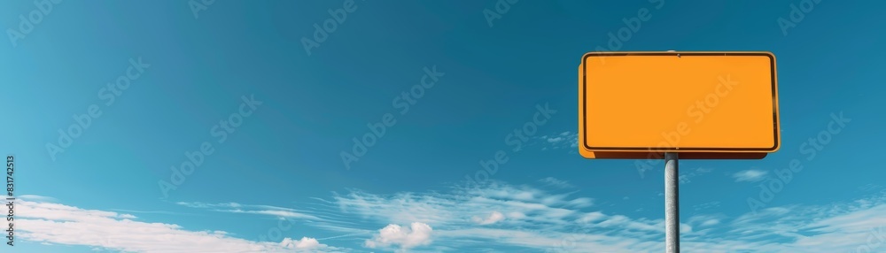 Minimalist empty yellow signboard against clear blue sky with white clouds, perfect for travel or advertising concept backgrounds. Minimalist empty yellow signboard against clear blue sky with white clouds, perfect for travel or advertising concept backgrounds.