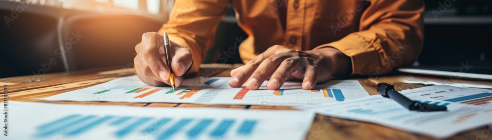 Person analyzing business charts and graphs on a wooden desk, highlighting data trends and financial planning strategies in an office. Person analyzing business charts and graphs on a wooden desk, highlighting data trends and financial planning strategies in an office.