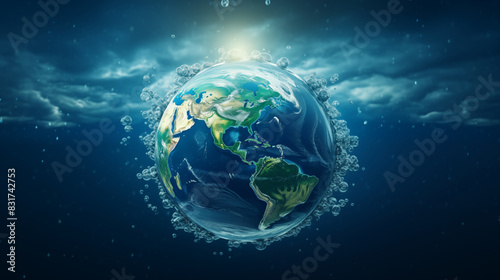 The center of the image features a globe emphasizing the Earth s oceans  highlighting their vastness and importance to the planet  Wold Oceans Day concept  Photo shot
