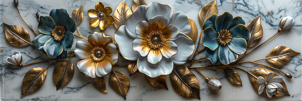 three panel wall art, marble background with golden and silver Teal Flower Plants designs, wall decoration three panel wall art, marble background with golden and silver Teal Flower Plants designs, wall decoration