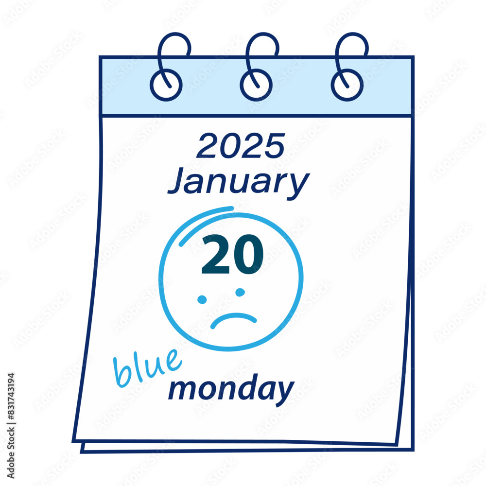 Blue Monday 2025 Calendar sheet with the date 2025 January 20 and Hand drawn sad smile face