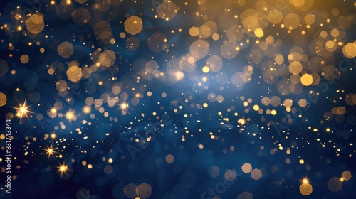 Abstract background with gold stars  particles and sparkling on navy blue. Christmas Golden light shine particles bokeh on navy blue background. 2025 New year background. Gold foil texture