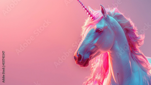 Fantasy image of a majestic unicorn with pink mane and magical horn in vibrant and dreamy pastel colors, perfect for whimsical designs. photo