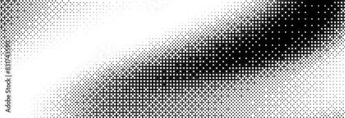 Bitmap grunge gradient texture. Black and white pixelated dither pattern wallpaper. Abstract glitchy 8 bit game pattern background. Retro wide rasterized backdrop. Pixel art illustration. Vector