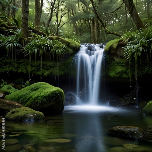 A waterfall cascading down moss-covered rocks into a tranquil pool  photo