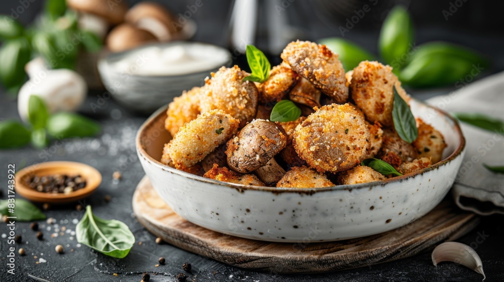 A Plate Of Delicious And Crispy Air-Fried Mushrooms. A Healthy And Tasty Snack Or Appetizer.