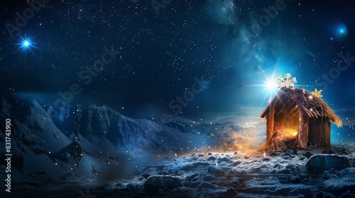 The Birth Of Jesus Christ In Bethlehem. The Star Of Bethlehem Shines Brightly In The Night Sky. photo