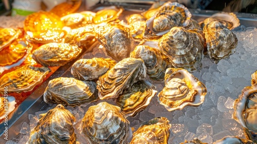 Fresh Oysters On Ice At A Seafood Market. photo