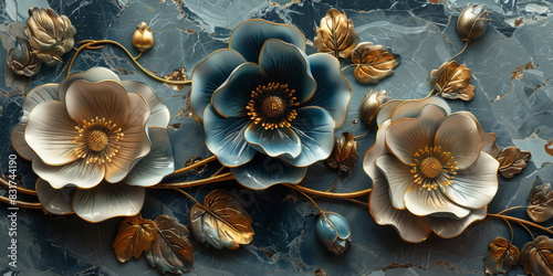 three panel wall art, marble background with golden and silver Teal Flower Plants designs, wall decoration © VertigoAI