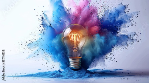 Light bulb explodes with large particles of blue pastel colored powder. on white background. Generative AI. photo