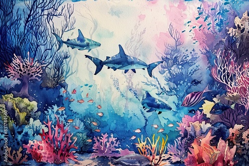 Depths of Water Colours  a watercolour portrait of underwater world  where play of colours creates the illusion of diving into the depths of the ocean  home to mysterious creatures and amazing plants.