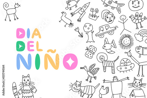 Dia del nino concept banner, poster. Doodles, children's drawings, naive images. Celebrating World Children's Day. Vector illustration isolated on transparent background.