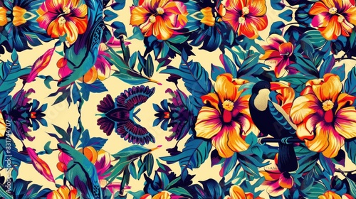 Wallpaper Mural Seamless pattern background influenced by the organic forms and vibrant colors of tropical rainforests with colourful birds and flowers Torontodigital.ca