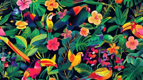Seamless pattern background influenced by the organic forms and vibrant colors of tropical rainforests with colourful birds and flowers © AK art