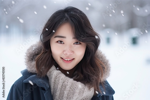  Young Asian woman with a radiant smile, wearing winter clothing in a gently falling snow scene.