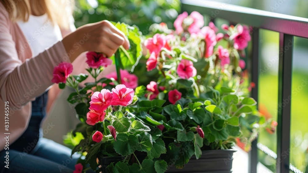 woman planting geranium flowers in balcony box