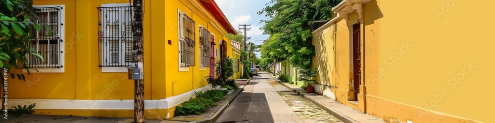 Classic yellow colonial house on the left, plain background on the right for text, residential area Classic yellow colonial house on the left, plain background on the right for text, residential area