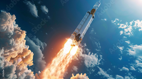 Space rocket in the sky, concept of goal and striving for success,Flying red rocket on blue sky background. Business and start up concept. 3D Rendering,Rocket taking off and flying with copy space. 
 photo