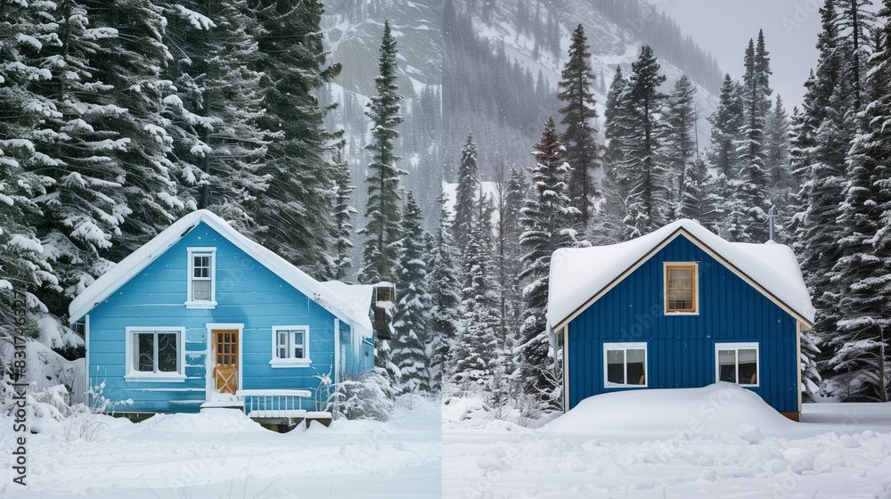 Cozy blue mountain cabin on left, plain snowy background on right for property advertising. Cozy blue mountain cabin on left, plain snowy background on right for property advertising.