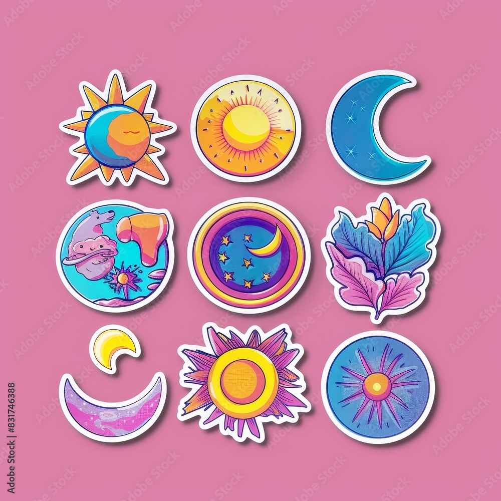 Fototapeta premium Colorful celestial and nature-themed stickers on a pink background featuring sun, moon, stars, and flowers. Bright and vibrant designs.