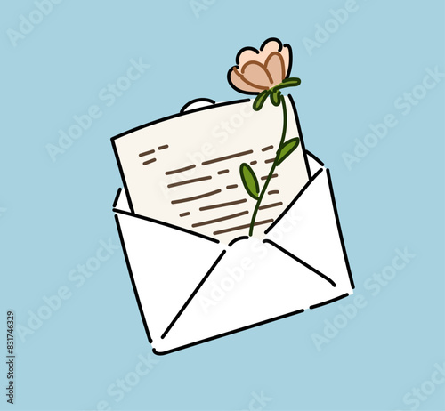 Hand drawn Mail, Post, Letter, Envelope with a flower cartoon doodle vector illustrations. Isolated doodle elements.