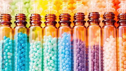 Homeopathic medicine bottles arranged in a gradient color. Suitable for health and medical related content.