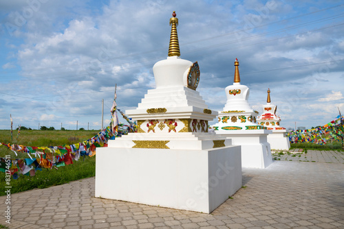 Three stupas of the Sakyusn-sume Buddhist temple on a June day, Elista photo