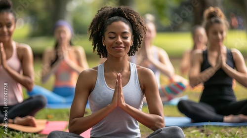 Women practicing yoga meditation outdoors in a park group class fitness health relaxation mindfulness nature
